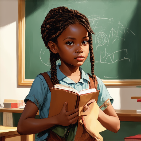 A 8 year-old African girl with intricate braided hair, standing confidently in a vibrant classroom environment, holding notebooks in her hands while facing a chalkboard filled with educational content