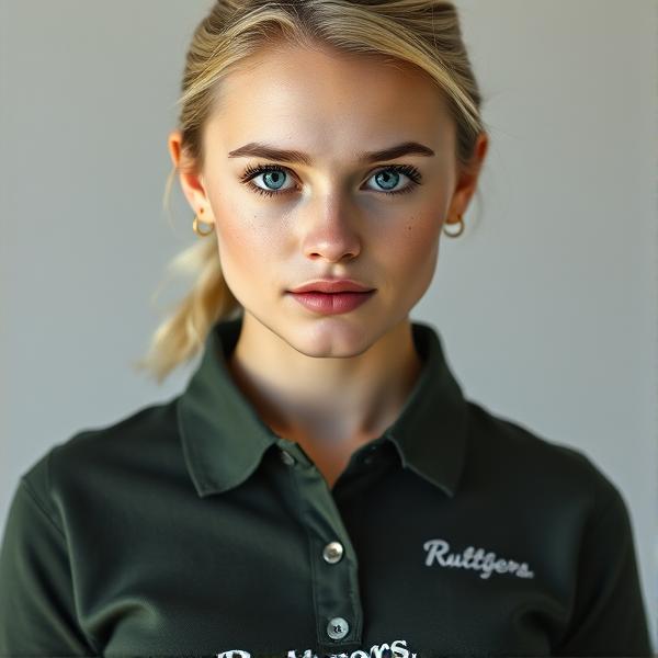 Photorealistic portrait of a youthful, naturally beautiful 19-year-old woman with light blonde hair pulled back into a pony tail. Her light blue eyes are accentuated by thick black lashes and her face is framed by a heart-shaped countenance. A delicate scattering of light freckles embellishes her nose, adding charm to her front-facing pose. She dons a dark green-gray polo shirt, the fabric clinging just enough to suggest a slender figure without being tight, featuring subtle white embroidery that spells "Ruttgers" over the left chest area. This is paired with a tasteful black mini skirt that enhances her chic yet simple style. Small gold hoop earrings add a modest touch of elegance to complete the image which embodies youthful grace and an air of simplicity.