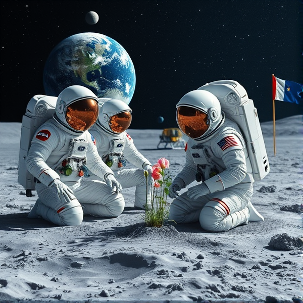 Trois astronautes en tenue spatiale de la NASA extrêmement détaillée, teintées de blanc perle et d'accents en acier chromé, portant des insignes reconnaissables et dotés d'éléments hautement réfléchissants, sont agenouillés sur le sol lunaire recouvert d'une poussière grise offrant une texture visuellement riche. À leurs côtés se trouve un extraterrestre géant bienveillant avec une peau iridescente qui reflète scintillement des étoiles. Un astronaute particulièrement minutieux est absorbé par la tâche de planter des graines de pavot dans un substrat enrichi à l'intérieur d'un biodôme lunaire transparent, qui contient un système hydroponique sophistiqué éclairé par une lumière imitant le spectre solaire pour favoriser la photosynthèse comme sur Terre. Le reflet du paysage lunaire se capture avec clarté dans le casque spacieux de cet astronaute tandis que ses gants dotés de capteurs tactiles manœuvrent habilement divers outils spécialisés. En arrière-plan, un module d'atterrissage au design futuriste arbore fièrement l'emblème du Québec. Au-dessus, la Terre suspendue offre une vue époustouflante aux couleurs vraies et naturelles. Sur le site sont parsemés divers instruments scientifiques à la précision pointue : capteurs environnementaux, moniteurs de croissance végétale intégrant de l'intelligence artificielle et panneaux solaires flexibles. Un fanion aux couleurs du Manchester City Football Club est positionné non loin du module habitable symbolisant le lien entre sciences spatiales et sport. Le relief lunaire est marqué par des cratères bien définis et des monticules réalistes qui tranchent avec les interventions humaines sur ce paysage extra-terrestre. La scène baigne sous une lumière douce et diffuse provenant du ciel nocturne constellé d'étoiles alignées selon des constellations exactes, dans un ciel se dégradant du noir profond à un bleu outremer intense, avec en plus un drapeau acadien visible près du biodôme.