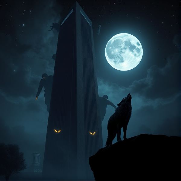 Gratte-ciel imposant se découpant contre un ciel nocturne d'encre, silhouettes ténébreuses et menaçantes émanant des fenêtres, une pleine lune argentée suspendue haut dans le ciel étoilé, un loup solitaire au pelage hirsute dressé sur une corniche dominant la ville, entités surnaturelles aux yeux scintillants d'or cachées dans les ombres.