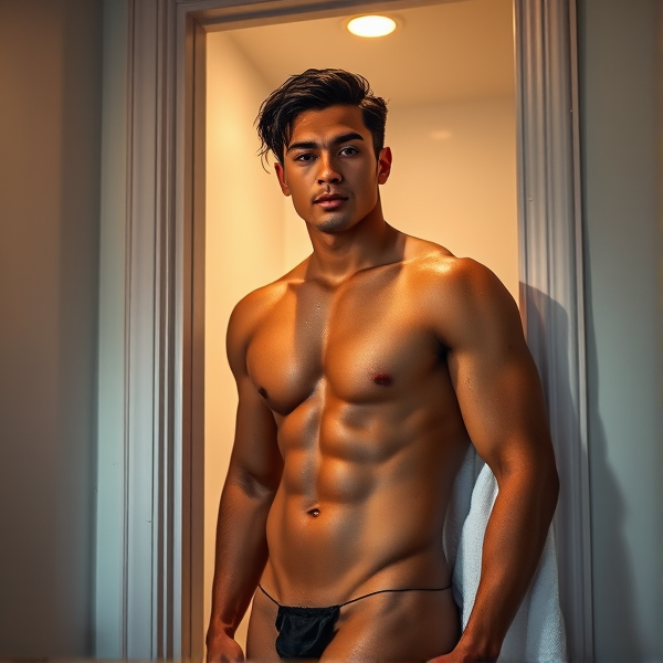 A sculpted, raven-haired male with pronounced muscle definition stands without a shirt, confidently leaning against the frame of a bathroom door. Droplets of water shimmer on his tanned skin, indicating he has just stepped out from a refreshing shower. He wears only low-hanging white bath towel that highlights his athletic build and lend him an effortless, seductive charm. The scene is set within a cozy home environment, bathed in the warm glow of gentle bathroom lighting that accentuates the curves and lines of his physique, capturing a moment akin to snapping an informal yet enticing selfie for a Tinder profile.