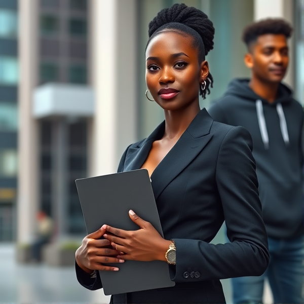 young African woman dressed in a stylish business suit, confidently holding a binder in her hands against an urban backdrop with a man behind her with jean and sweat shirt