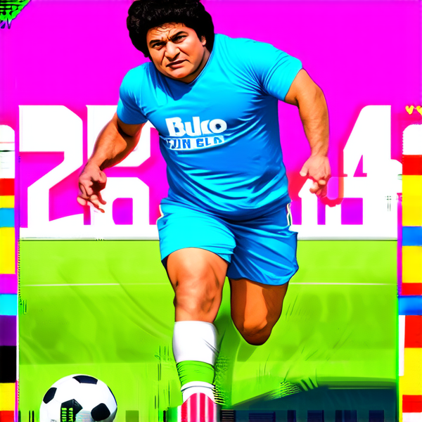Diego Maradona in dynamic soccer action pose, legendary status, eFootball 2024 game card