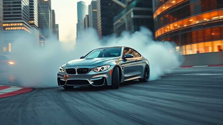 A dynamic scene of a BMW M4 executing a high-speed drift around a sharp corner in an urban environment with skyscrapers in the background, smoke billowing from its screeching tires and reflections of city lights gleaming off its sleek, metallic body.