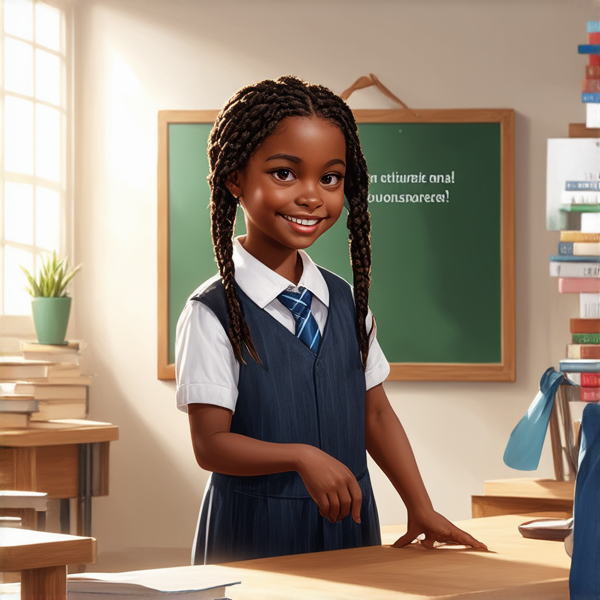 jeune fille noire de 10 ans, vêtue d'un uniforme scolaire des tresses africaines, debout souriante et concentrée devant un tableau noir rempli de regles d'orthographe en français  dans une salle de classe ensoleillée et colorée avec des bureaux en bois et des affiches éducatives sur les murs