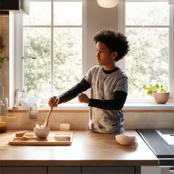deux adolescents noirs de 14 ans vêtus de vêtements décontractés effectuant avec entrain des tâches ménagères dans une cuisine lumineuse et propre, leur petite sœur noire de 7 ans les aidant joyeusement à ranger la vaisselle propre sur les étagères, fenêtre ouverte laissant entrer la lumière du jour