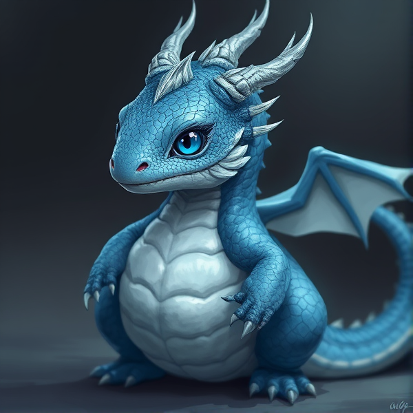 A blue and silver, fat, round bellied baby dragon