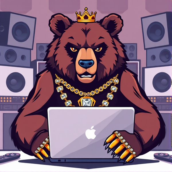 Concevez un logo énergique et avant-gardiste avec un ours stylisé assis en position de commandement devant un ordinateur portable moderne, plongé dans la création musicale. L'ours arbore une chaîne en or épaisse incrustée de diamants scintillants et est paré d'une collection de bijoux ostentatoires comprenant des bagues serties de gemmes, des bracelets volumineux et un pendentif somptueux. Son visage dégage une expression d'autorité et de détermination avec des traits précis reflétant sa stature majestueuse et son rang prestigieux. Utilisez des couleurs vives et contrastées pour mettre en valeur chaque aspect du design avec netteté et raffinement. Comme toile de fond, disposez du matériel audio professionnel évoquant l'environnement d'un studio pour renforcer le thème musical associé à cet ours imposant.