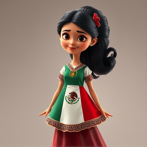 Muñeca con vestido verde blanco y rojo y en el centro el símbolo de la bandera de México y cabello largo y rizado animado Pixar