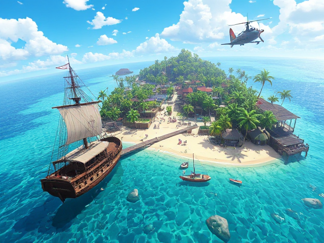 ile pirate paradisiaque anime avec trésor caché, navire ancien ancré au port, huttes en bambou et palmiers luxuriants, eaux cristallines avec récifs coralliens visibles, aéronefs de fantasy volant dans un ciel dégagé parsemé de nuages doux, vue aérienne dynamique et colorée