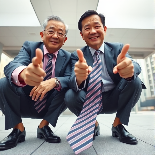 Deux hommes d affaires japonais senior accroupis qui regardent la caméra 
Chemise rose foncée et longue cravate rayée large. Businessmen snaps their fingers 

Vue contre-plongée
