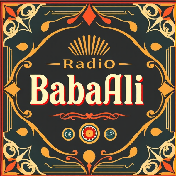 Affiche au style art déco vintage, avec l'inscription centrale "Radio BabaAli" en typographie raffinée et élégante. Bordée de motifs géométriques symétriques typiques des années 1920 et agrémentée d'éléments décoratifs rétro. Palette de couleurs vives avec un contraste marqué pour une allure classique et intemporelle.