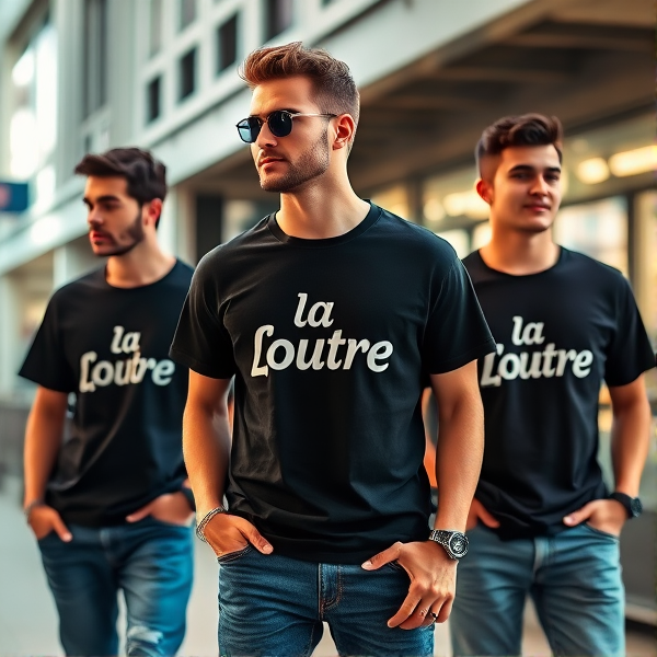 Créez un visuel attrayant pour un prospectus publicitaire mettant en vedette des t-shirts de la marque "La Loutre" avec un design moderne et élégant, une ecriture « La Loutre »style geek doit etre presente sur le tshirt assorti d'une mise en scène dynamique et stylisée qui évoque le confort et la qualité. Assurez-vous que les t-shirts soient présentés sur des modeles dans un contexte urbain branché ou . Ajoutez également des éléments graphiques