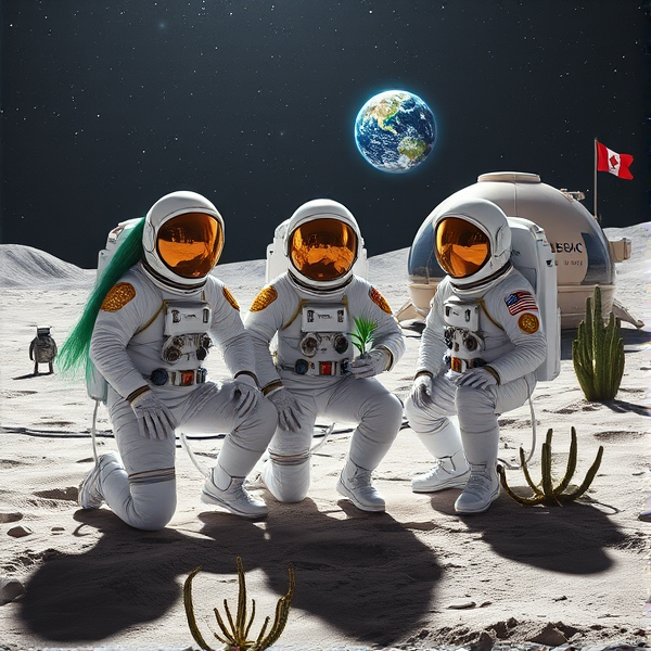 Trois astronautes, dont un humain et deux extraterrestres, posent sur le sol lunaire. L'extraterrestre de gauche se distingue par sa longue chevelure verte éclatante, ondoyant à travers son casque spatial transparent. Tous trois arborent des combinaisons spatiales blanches minutieusement détaillées avec des ornements dorés sophistiqués et des incrustations qui rappellent des perles fines, rehaussées d'accents chromés étincelants et des écussons symbolisant leurs missions respectives. Ils s'agenouillent sur la poussière lunaire finement texturée qui scintille sous l'éclat métallique de leur équipement. À côté d'eux se tient une imposante créature extraterrestre amicale avec une peau iridescente qui réfracte les couleurs variées de l'espace. Dans un biodôme transparent conçu avec du sol lunaire spécialisé, on aperçoit un astronaute implantant méticuleusement des graines de pavot dans un système hydroponique avancé sous une lumière artificielle mimant le spectre solaire nécessaire à la photosynthèse terrestre. Les visières miroitantes des casques réfléchissent avec précision le paysage environnant tandis que leurs gants haute technologie facilitent la manipulation d'instruments de mesure spécialisés. En toile de fond, un module lunaire élégant arbore fièrement le symbole du Québec et laisse entrevoir la Terre au loin, vibrant de ses teintes naturelles vivantes. Parsemant le site, on trouve divers instruments scientifiques dernier cri tels que capteurs environnementaux et moniteurs de croissance végétale intelligents entourés par une disposition stratégique de panneaux solaires flexibles pour une efficacité maximale. Un fanion du Manchester City Football Club anime la scène près du module d'habitation, représentant l'union entre sport et conquête spatiale. Le relief lunaire est marqué par des cratères profonds et monticules poussiéreux offrant un contraste frappant avec ces structures futuristes humaines dans ce décor extra-terrestre. La lumière diffuse mais douce baigne la scène sous un ciel nocturne riche en étoiles brillantes parcouru par une transition délicate du noir profond au bleu outremer intense. Près du biodôme flotte fier le drapeau acadien à proximité d'un vaisseau spatial extraterrestre avancé ; autour se tiennent d'autres entités cosmiques paisibles accompagnées par un drone avant-gardiste rassemblés non loin du fameux fanion québécois. Des cactus lunaires ajoutent une touche biologique intrigante à cette colonie cosmopolite chaleureuse