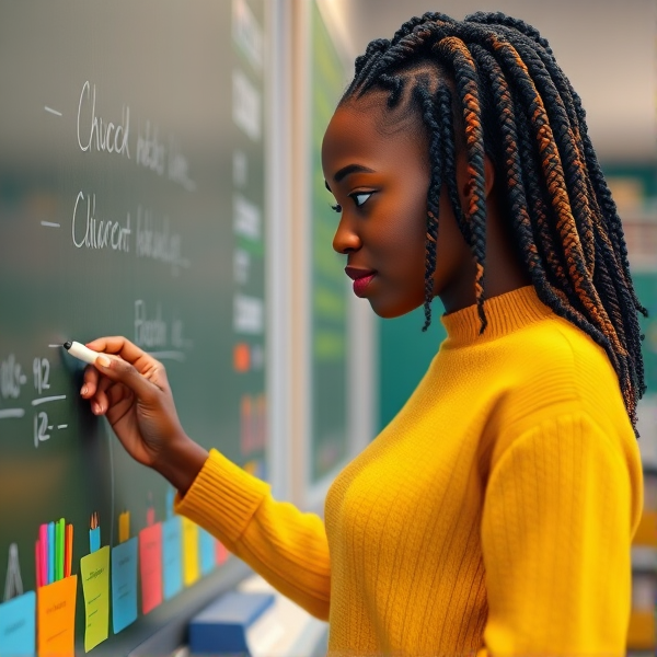 Une enseignante afro-américaine élégamment coiffée de tresses africaines traditionnelles, portant un pull jaune  se tient le dos tourné en train d'y écrire avec assurance à la craie blanche au tableau, éléments éducatifs colorés visibles en arrière-plan