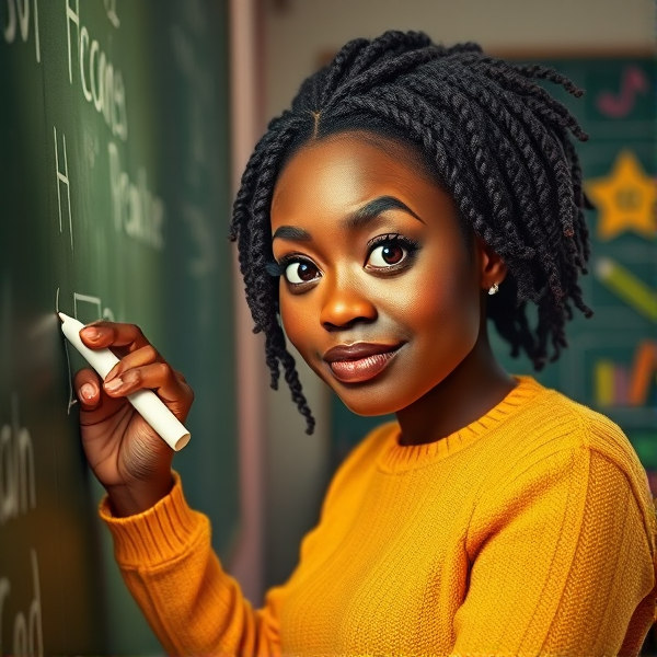 Une enseignante afro-américaine âgée de cinquante ans coiffée de tresses africaines traditionnelles, portant un pull jaune  se tient le dos tourné en train d'y écrire avec assurance à la craie blanche au tableau, éléments éducatifs colorés visibles en arrière-plan