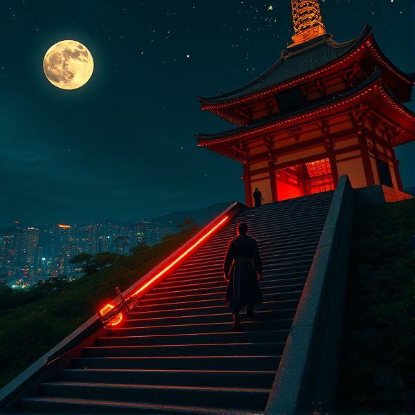 The samurai goes up a big flight of stairs up a hill leading to a Japanese temple with a flaming sword at the dead of night with glowing stars and a shining moon