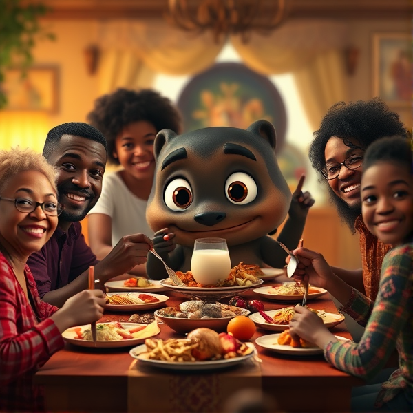 repas chaleureux d'une grande famille afro-américaine réunie autour d'une table festive, sourires et complicité, cuisine traditionnelle, intérieur accueillant