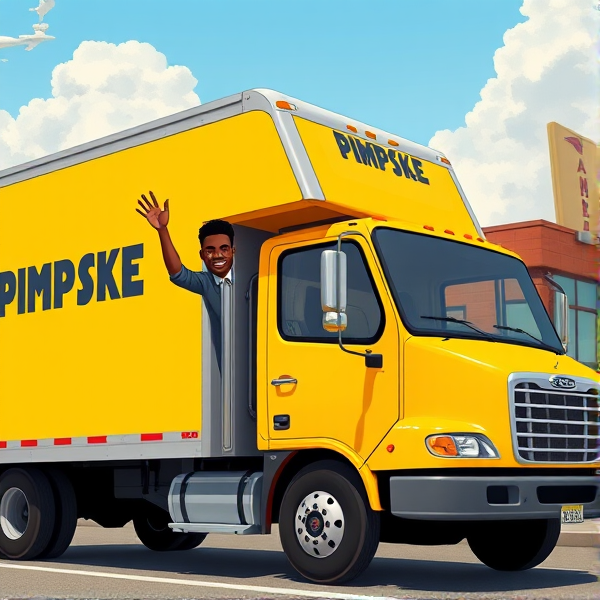 Black man waving out drivers side window of an all yellow moving truck that says the word "PIMPSKE" ON THE SIDE