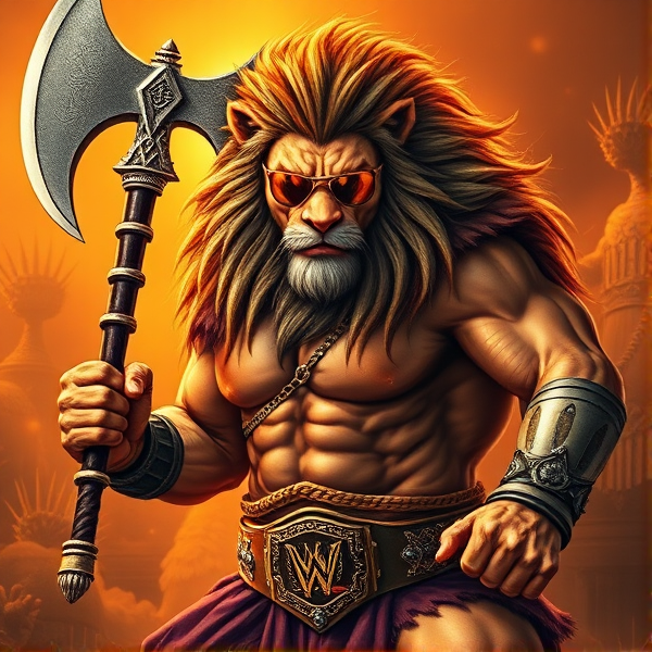 Un Lion barbare dieux du soleil une hache comme Léo escanor, avec des poils de lion et une carrure imposante et avec la ceinture de LA KNIGHT le catcheur et ces lunettes de soleil