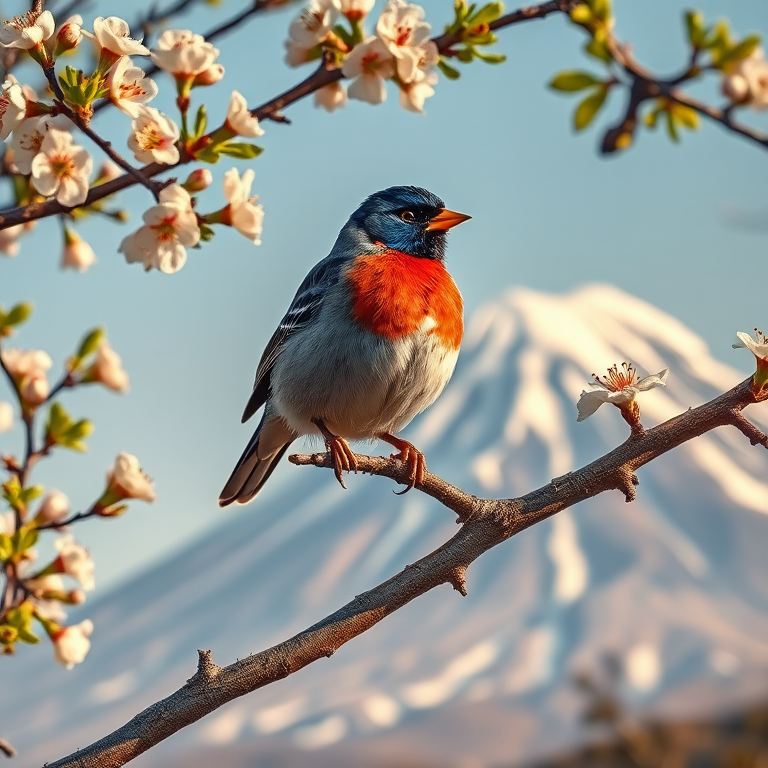 Photorealistic image of a vibrant, multicolored sparrow perched gracefully on the gnarled branch of a plum tree in full bloom, with a majestic mountain partially covered in snow looming softly in the distant background, all bathed in the clear, golden light of early morning