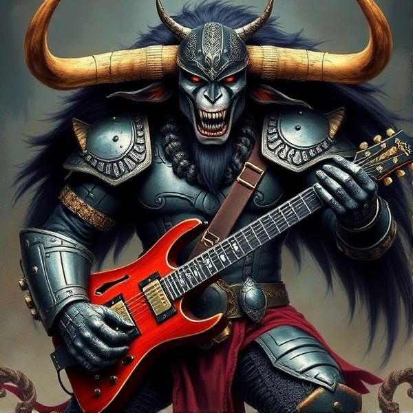 Créer une image détaillée d'un minotaure imposant en armure de guerrier, avec un corps et une tête de taureau. une guitare hache Gene Simmons