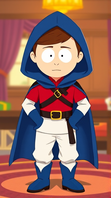 Clyde Donovan from South Park, light skin and brown hair, but as a 14-Year Old, dressed as a medieval prince with a red shirt with white sleeves, a black belt with a gold buckle, white pants, blue boots, blue long-cuffed gloves, and wreathed in a big blue hooded cape, now known as Prince Donovan. Despite still being a kid, he is the Youngest Ruler of South Park, Colorado, but now reborn as the real life Kingdom of Kupa Keep, Zaron, and Prince Donovan is its youngest and greatest hero. The young teenage prince of Kupa Keep is currently standing in his bedroom in his new home of Kupa Keep Castle, preparing to set out for adventure.