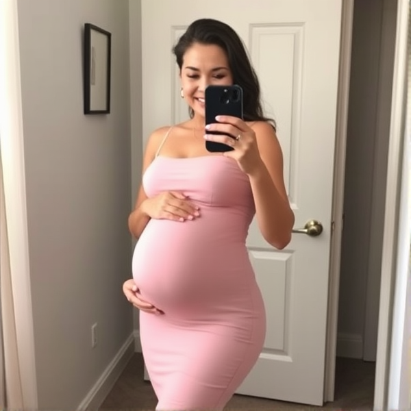 40 week pregnant woman in a light pink tight dress taking a mirror selfie to celebrate the last day being pregnant