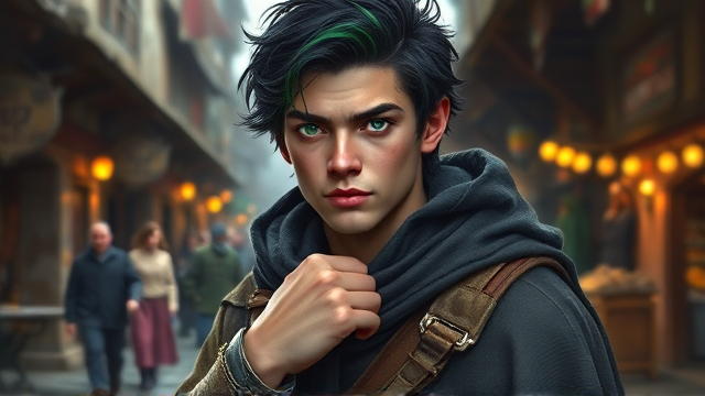 A portrait of a young man personifying the sin of envy, with untamed black hair tinged with streaks of green and sharp, piercing emerald eyes. He dons attire befitting a solitary wanderer, perhaps from a bygone era, featuring a cloak and travel-worn boots. Positioned at the heart of a lively medieval marketplace, he casts covetous glances at the surrounding townsfolk while gripping his worn leather backpack tightly in one hand.