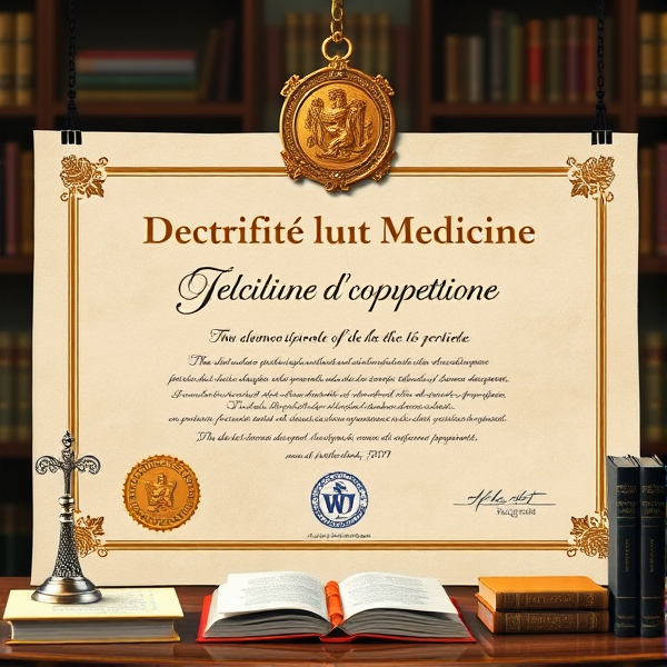 Prompt: Diplôme avec l'inscription en français de médecine avec des bordures dorées sophistiquées, un sceau officiel en relief, une typographie classique et claire sur un fond en parchemin texturé, le tout présenté dans un cadre académique avec des livres et des symboles éducatifs posé sur table dans un cadre
