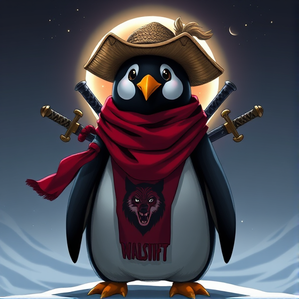 Pingouin maitre de l'éclipse lunaire et avec un écharpe rouge autours du cou et avec deux épées dans le dos et avec une tenue de pirate et avec un dessin en forme de loup tribal sur l'écharpe et avec le chapeaux de paille