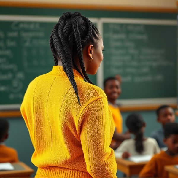 Une enseignante noire âgée de quarante ans coiffée de tresses africaines traditionnelles, portant un pull jaune  se tient le dos tourné en train d'y écrire à la craie blanche au tableau dans une salle de classe avec des élèves noires agés de huit ans.