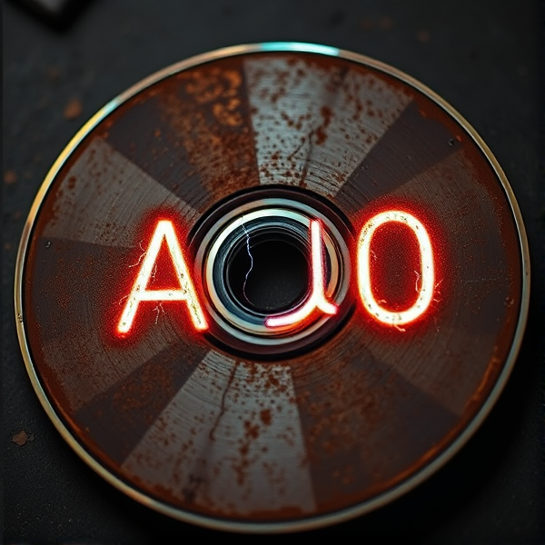Rusty CD with the letter "AUO" glowing with electricity etched in the surface.