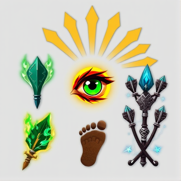 Create random RPG skill icons for a ranger, each featuring intricate designs with a vibrant color palette and clear thematic elements. 1) An arrowhead, detailed with ancient runes, surrounded by mystical green flames that appear to flicker and dance around the edges for a poison shot skill. The flames should look alive and almost sentient, casting eerie shadows behind the arrowhead. 2) A silhouette of a hawk's eye, depicted with exceptional detail so that every feather and contour is visible, set against a golden sunburst pattern for an eagle eye precision skill. The eye should convey wisdom and sharp focus. 3) A footprint embedded in soft earth, radiating a soft yet noticeable glowing aura of blues and purples for a silent step ability. It should give the impression of stealth and lightness. 4) Two crossed longbows, finely crafted from dark enchanted wood with silver ornate carvings winding along their lengths like ivy for a double shot ability. The bows should appear both elegant and deadly, embodying duality in purpose. 5) A quiver brimming with various types of arrows including flaming tips, frost-coated shafts, and lightning-etched fletchings to represent an arsenal of elemental shots. Each arrow should be unique and imbued with magical effects to imply their diverse powers. The icons must have defined borders and dimensions suitable for easy identification in a game interface, conveying the essence of the ranger class with fantasy elements like magic scrolls, wild vines or animal motifs intertwined within each design to enhance the mythical feel.