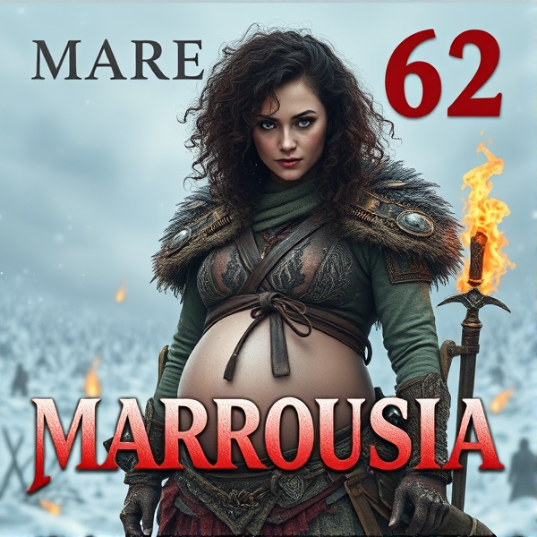 Une image avec une femme guerrière les cheveux bouclés enceinte. Avec écris à l'exactitude le nom "MARROUSSIA" et "62" écris en gros en écriture stylée. Avec des armes, des flammes dans un paysage enneigé très détaillé.