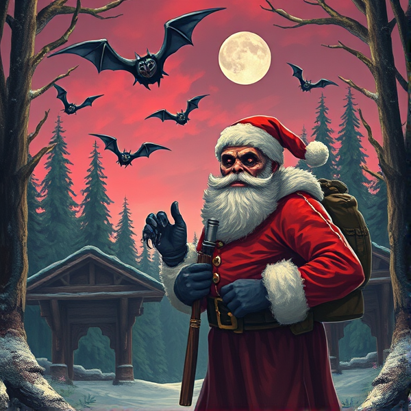 Scary Santa in a forest with a dark pink sky with flying bat monkeys and muscular gingerbread security guards