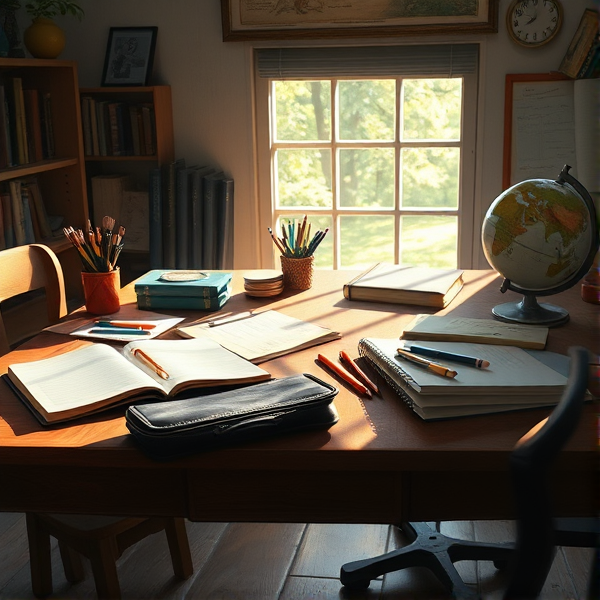 table en bois éclairée par la lumière naturelle de la fenêtre, couverte de fournitures scolaires comme des cahiers ouverts, des stylos, des crayons, une trousse et un globe terrestre  .
