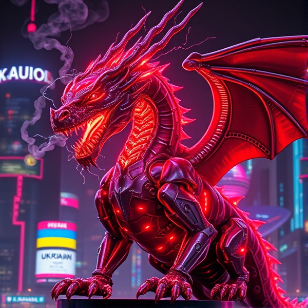 cybernetic dragon, its sleek, reflective metallic scales mirroring the vibrant neon lights of the cityscape. The acronym "AUO" stands prominently on its chest, casting an intense, fiery glow that pulses with raw energy and illuminates the complex network of circuitry etched into its hide. Digital smoke curls from the creature's nostrils as it emits a thunderous roar, unveiling fangs charged with electrical energy. Include the Ukrainian flag as a mark of respect and solidarity