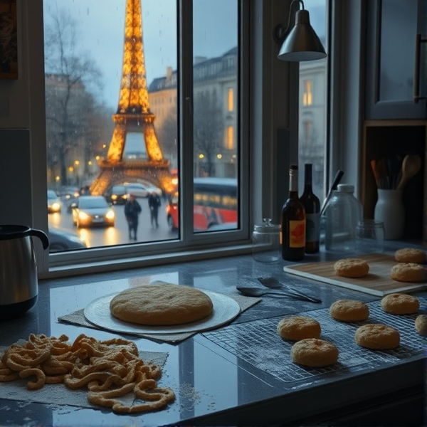 Image réaliste d'une cuisine, sur le plan de travail de la patte et des cookies en préparation avec des ustensiles à côté, on peu voir la lumière d'un four qui chauffe et par la fenêtre paris en automne de nuit sous la pluie