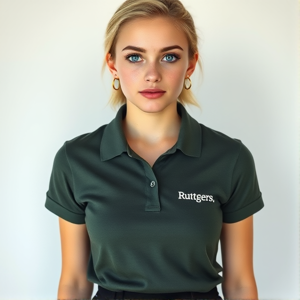 Photorealistic portrait of a youthful, naturally beautiful 19-year-old woman with blonde hair styled softly to convey an effortless appearance. Her bright blue eyes are accentuated by thick black lashes and her face is framed by a heart-shaped countenance. A delicate scattering of light freckles embellishes her nose, adding charm to her front-facing pose. She dons a dark green-gray polo shirt, the fabric clinging just enough to suggest a slender figure without being tight, featuring subtle white embroidery that spells "Ruttgers" over the left chest area. This is paired with a tasteful black mini skirt that enhances her chic yet simple style. Small gold hoop earrings add a modest touch of elegance to complete the image which embodies youthful grace and an air of simplicity.