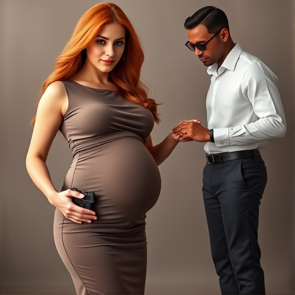 A radiant, expectant mother with long, flowing ginger hair and a form-fitting, elegant maternity dress that gracefully highlights her baby bump. She stands tall in a confident pose, exuding strength and poise. A discreetly holstered small handgun is attached to her hip, clearly visible but unobtrusive. Beside her stands a man with sleek black hair, dressed smartly in a crisp white shirt, tailored dress pants, and polished shoes; his face is partially obscured by stylish sunglasses as he gently holds the woman's hand