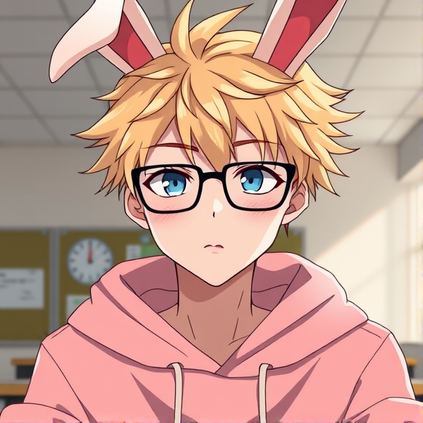 ,1 boy, my hero academia, masculine, bakugou face,blonde messy hair, small sleepy light blue eyes, thin black glasses, bunny ears on head, pink oversized hoodie jumper, serious face, classroom,