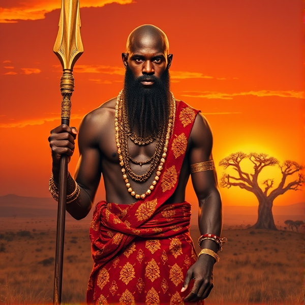 A majestic African warrior with light brown skin tone, shining bald head adorned with ceremonial gold leaf patterns, and a long, elaborately braided beard interwoven with small precious stones. He is dressed in opulent traditional tribal attire that consists of a vibrant red and gold patterned kente cloth draped over one shoulder, a matching loincloth, and intricate beadwork necklaces cascading across his broad chest. His muscular stature is accentuated by golden arm bands and leather wrist guards. The warrior stands tall atop a sun-kissed savannah hill, poised confidently with one leg slightly forward, as he grips a lavishly diamond-encrusted spear whose shaft is carved from rare ebony wood; the spearhead gleams in the sunlight reflecting his high status. His intense gaze pierces the horizon, embodying the spirit of his ancestors. In the background, an ancient baobab tree can be seen silhouetted against a breathtaking orange sunset sky.