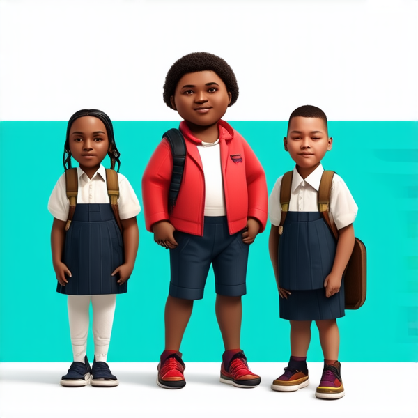 bâtiment d'une école primaire traditionnelle avec cours de récréation, enfants noirs africains en uniforme scolaire chemise blanche et pantalons bleu marine avec des cartables