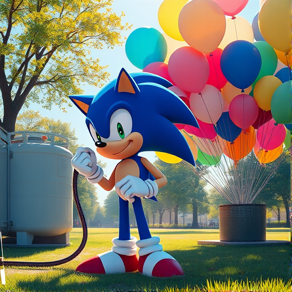 Sonic the Hedgehog stands in a sunlit park, right beside a helium tank, grasping a hose that's filling an array of colorful balloons of various hues, each precisely 16 inches in diameter, with a total count of 450 balloons floating around him