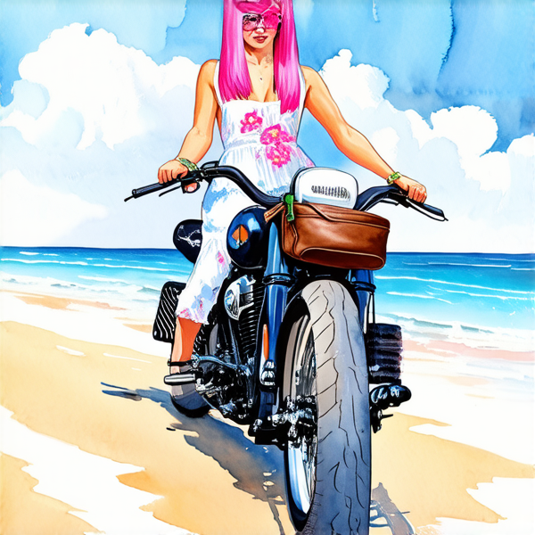 Aquarelle : Femme avec des cheveux rose fuchsia sur une harley noir roule sur le plage. elle porte une robe blanche à grosse fleur rose layette et un sac banane à main en cuir marron lanière rose et bleu et vert porté en bandoulière