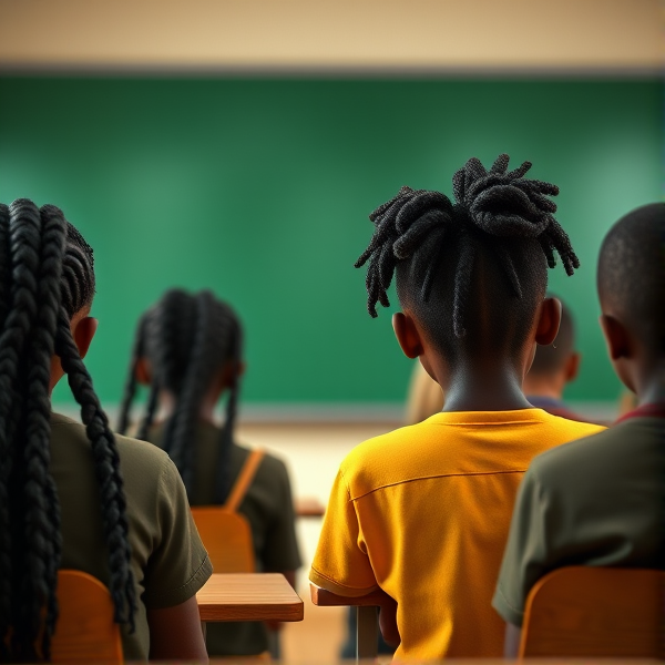 des filles noires de huit ans avec des tresses africaine et garçons assis dans une classe face au tableau vert