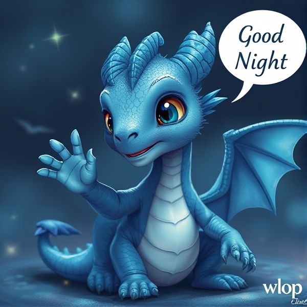A cute blue baby dragon waving goodbye with speech bubble next to it saying Good Night