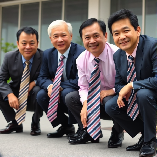 Hommes d affaires japonais senior accroupis en longue cravate lignée large et chemise rose, ils regardent la caméra