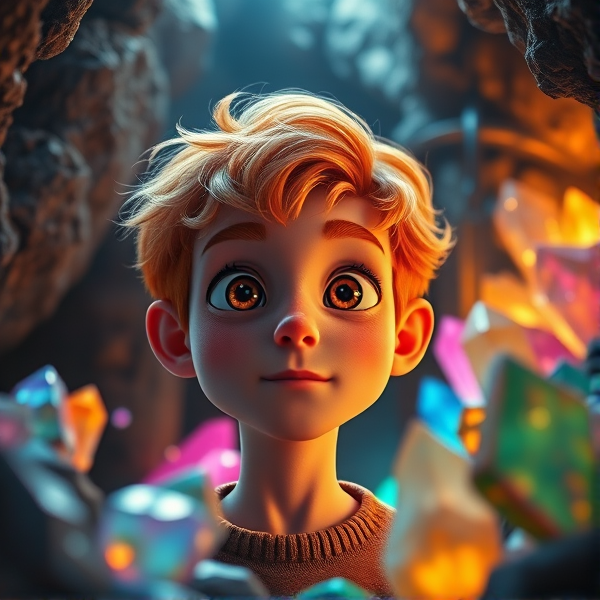 Ginger hair man in a mine admiring colorful magical crystals